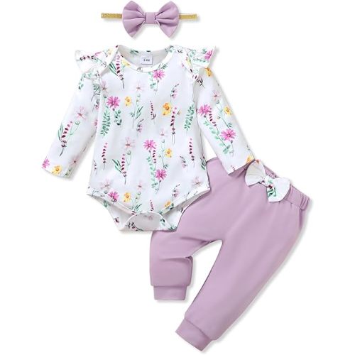 YALLET Baby Girl Clothes Newborn Infant Girl Outfits Floral Romper+Pants+Headband Fall Baby Layettes for Clothing 0-18 Months