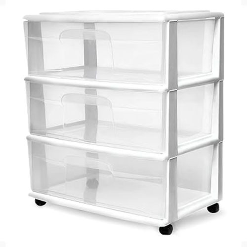 HOMZ Drawer Tower, 3-Tier Wide Rolling Storage Cart with Removable Wheels, White Frame – Plastic Organizer with Clear Bin Drawers for Bedroom, Bathroom, Home Office, and Dorm Room