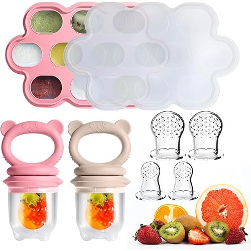 Baby Food Feeder Set, 2 Packs Fruit Feeder & Breastmilk Popsicle Molds Freezer Tray with Lid, Silicone Fruit Feeder to Teething Relief, Introduce New Foods, Baby Feeding Essentials(Red+Beige)