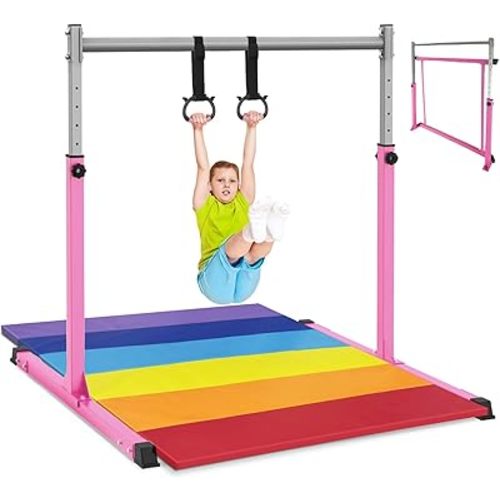 Safly Fun Gymnastics Bar for Kids | Sturdy Steel Home Gym, Adjustable Height (3 to 5 ft) with Anti-Slip Base, Easy Assembly