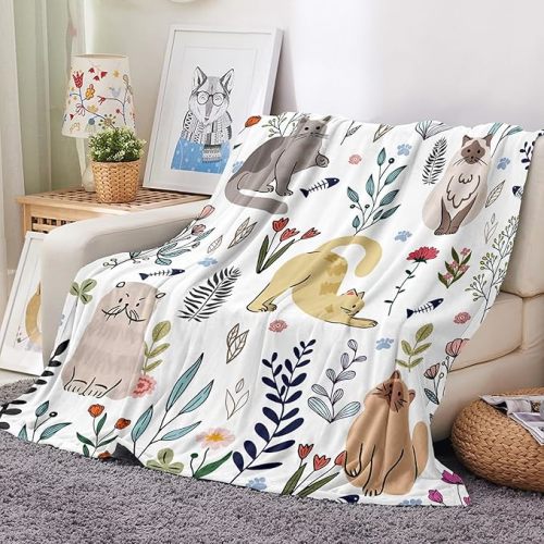 Cat Throw Blanket Floral Flower Blankets Gift for Cat Lover Throw Blanket Cats Themed Flannel Cozy Fuzzy Plush Blankets for Bed Chair Couch 50" X 60"