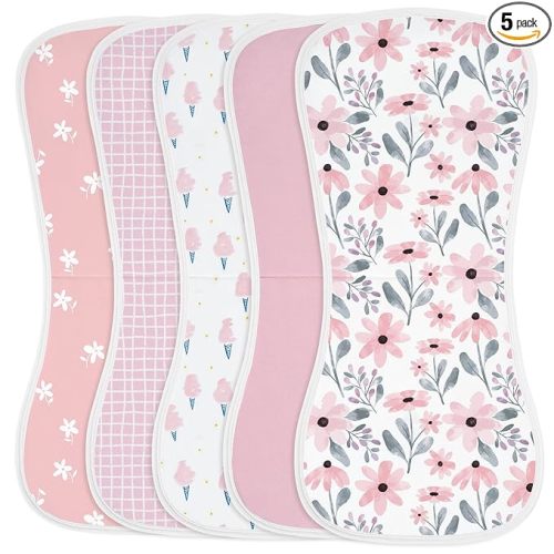 Yoofoss Baby Burp Cloths 100% Organic Cotton 5 Pack Burping Cloths for Babies Boys Girls Large 21''X10'' Extra Soft and Absorbent Flowers