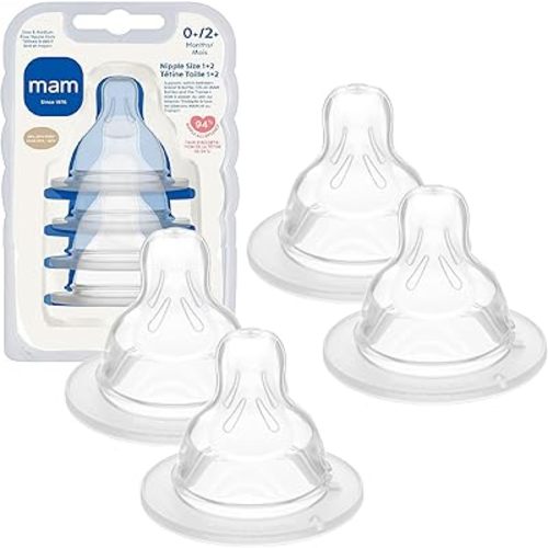 MAM Baby Bottle Nipple Mixed Flow Pack, Slow Size 1 and Medium Flow Size 2 for Newborns 0+ Months, Skin Soft BPA Free Silicone, 94% Nipple Acceptance, Fits All MAM Bottles, 4 Pack, Made in Europe