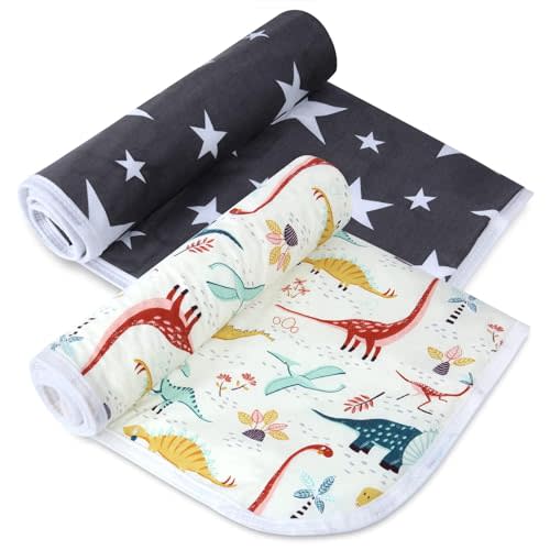 2Pcs Diaper Changing Pads for Baby, Dinosaur Change Mat, 3Layers Waterproof Change Pad Foldable Absorbent Mats for Women, Reusable Incontinence Underpads for Patient 24''x30'' (Dinosaur Black Star)