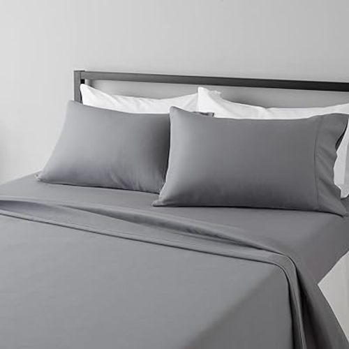 Amazon Basics Soft, Breathable, Wrinkle-Free Brushed Microfiber 4 Piece Bed Sheet Set, Machine Washable, 14-Inch Deep Pockets, King, Dark Gray, Solid