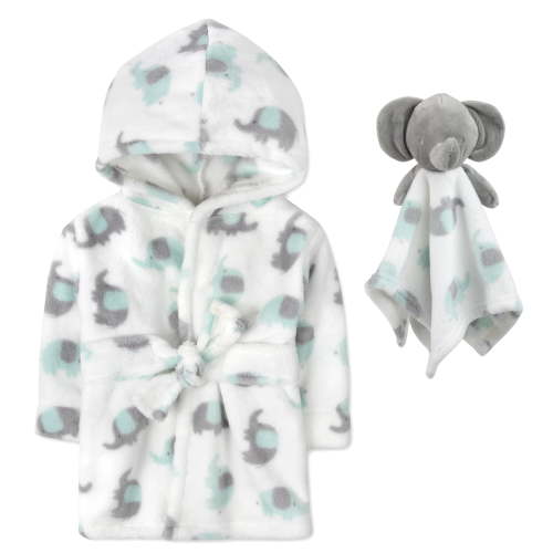 Baby Essentials Hooded Bathrobe with Tie Closure & Matching Minky Blanket Doll for Newborns, Infants and Toddlers 0 – 9 Months for Bath and Lounge in Exquisite Elephants with Elephant