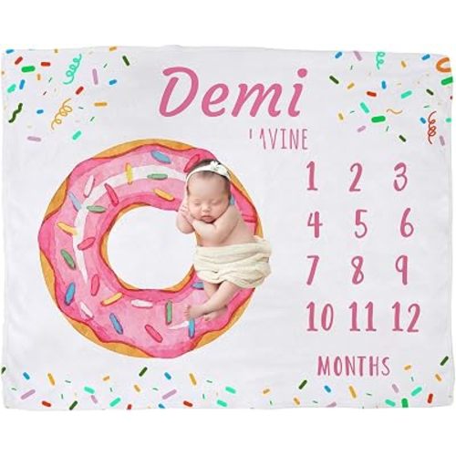 Personalized Donuts Baby Girl Milestone Blanket - Custom Newborn Name Monthly Blanket for Shower Gift