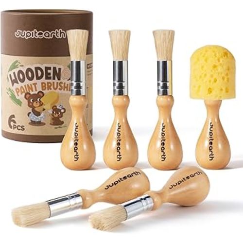 JUPITEARTH Jumbo Paint Brushes for Kids, Easy Grip Round and Sponge Toddler Paint Brushes with Natural Wood Handles for Washable Paint and Acrylic Paint, 6 Pcs