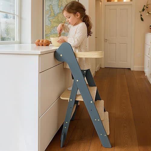 COSYLAND Foldable Standing Tower – IF Design Awarded Height Adjustable Kitchen Step Stool with Safety Net – Toddler Learning Helper Stool for Kitchen Bathroom Counter (Slate Blue & Natural)