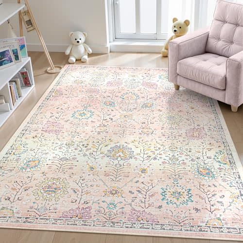 Lahome Pink Boho Area Rug for Nursery, 5x7 Washable Pink Rugs for Bedroom Girls Kids Room Living Room, Floral Pastel Carpet Non Slip for Teen Toddler Classroom Playroom Dorm, Bedroom Decor