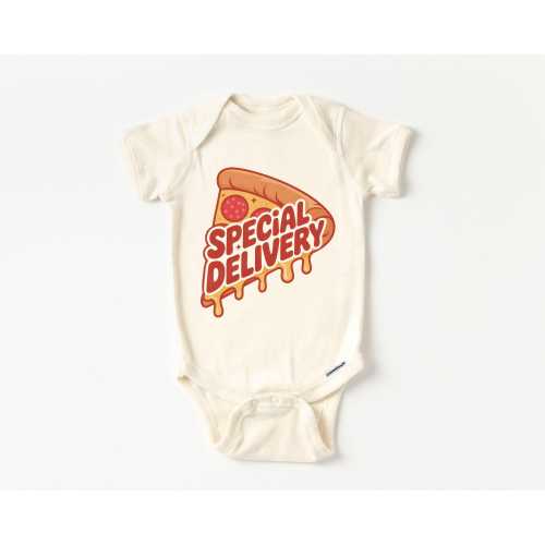 Special Delivery Pizza Baby Onesie® - Pepperoni Slice Lover Gift Pregnancy Reveal Birth Announcement Bodysuit - Boho Natural Onesie®