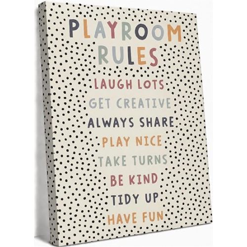 Kids Playroom Canvas Wall Art, Neutral Playroom Rules Painting Picture Wall Decor, Boho Classroom Educational Poster Print Artwork for Classroom, Nursery, Toddler Home Decoration, 12x16in Framed