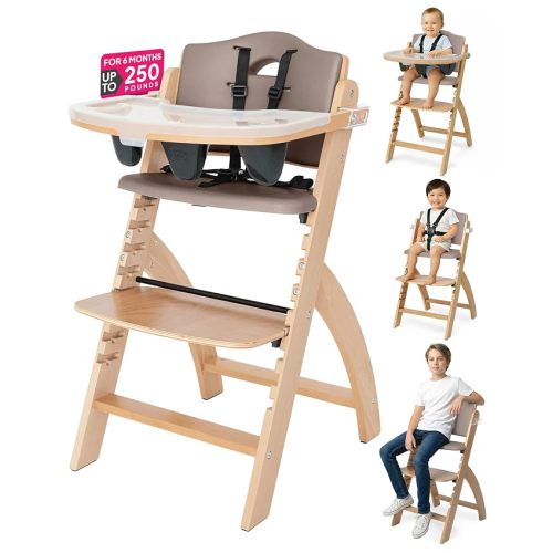 Abiie Beyond Junior Wooden High Chair for Babies and Toddlers - Convertible 3-in-1 Baby Highchair with Removable Tray - 6 Months to 250 Lb - Water Resistant - Natural Wood with Soft Mocha Cushion