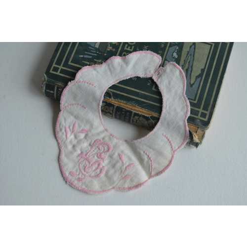 Antique Embroidered Infant Baby Bib With Pink Duck Doll Bib