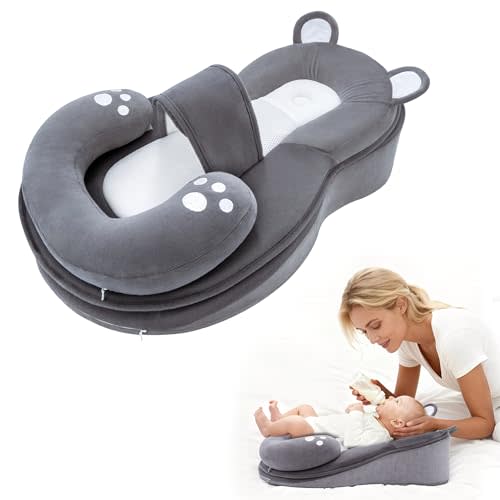 Puzynro Baby Lounger Pillow, Reflux Pillow for Baby, Anti Overflow Newborn Nest for Breastfeeding & Bottle Feeding, Removable Top and Bottom Pad