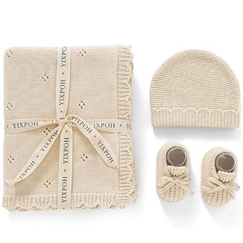Organic Cotton Baby Blanket Knit Beanie Hat Booties Set Newborn Swaddle Receiving Blanket for Boy Girls