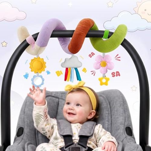 Stuffed Spiral Baby Car Seat Toys, Best Newborn Shower Gifts, Soft Infant Essentials Must Have Stroller Hanging Toys (Vibrant Nature)
