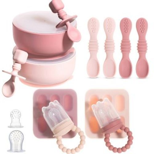 Silicone Baby Feeding Set, Baby Suction Bowls with Lids, 4-Pack Led Weaning Feeding Spoon , and Silicone Baby Fruit Feeders, Freezer & Dishwasher Safe