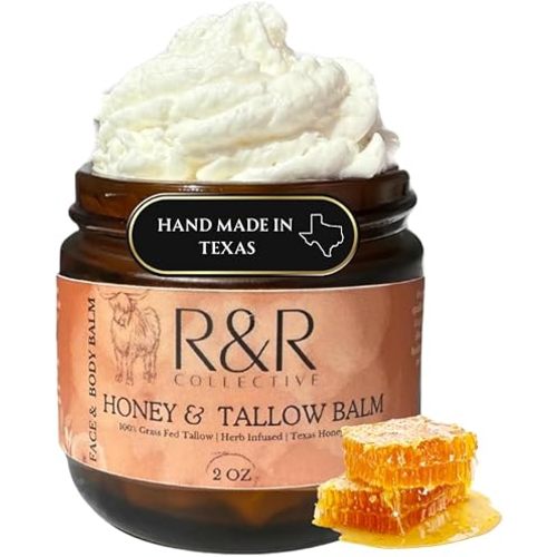 Handmade Honey & Tallow Balm- 100% Grass Fed Beef Tallow for Skin Care- 100% Natural Whipped Tallow Balm- Sensitive & Dry Skin, Eczema, Psoriasis- 2 FL. oz