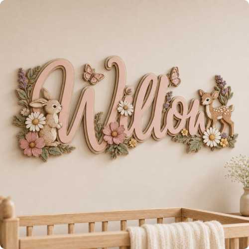 Personalized Wooden Name Sign, Blush Floral Woodland Nursery Decor with Bunny, Fawn and Butterflies