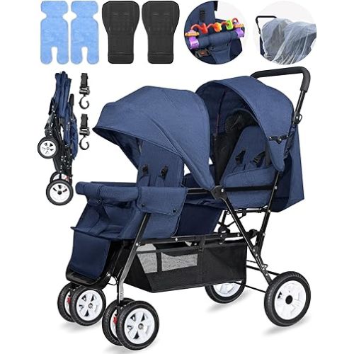 Double Stroller for Infant Toddler, Foldable Double Baby Stroller with Tandem Seating and Adjustable Backrest - Extra Gift Toys/Mosquito Net/Sleeping Mats/ 2 Cotton Pads/ 2 Hooks (Blue)