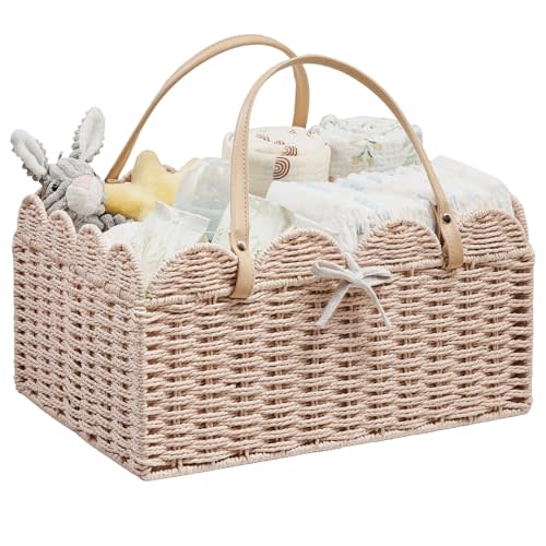 Paper Rope Diaper Caddy, Scalloped Baskets with Removable Divider | Woven Floral Baby Diaper Organizer for Changing Table,Baby Shower Gifts,Portable Car Organizer for Diapers