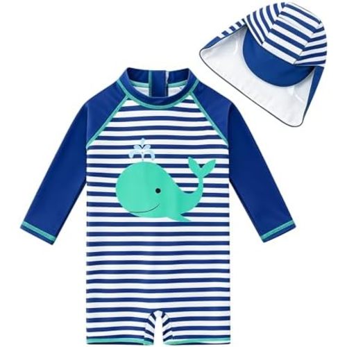 ADUKIDE Baby Boys Swimsuit Summer Beach Rash Guard Swimwear One Piece Sunsuit with Sun Hat 3-24 Months