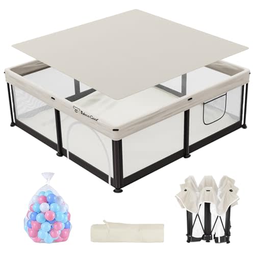 Baby Playpen, Portable Indoor Outdoor Play Area with Balls, Beige, 50x50x27 Inch, Quick Fold Design, Mesh Safety Panels, for 0-36 Months