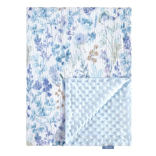 TILLYOU Baby Blankets for Girls Boys, Receiving Baby Blanket with Double Layer Soft Plush, Minky Muslin Cotton Front and Dotted Backing 30"x40", Blue Flower