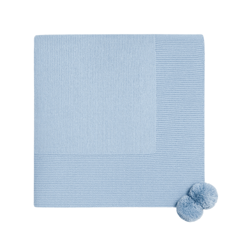 Knit Baby Blanket with Pompoms, Blue