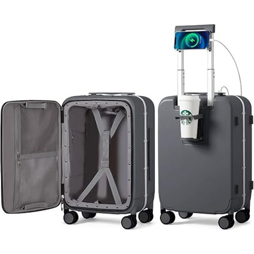 mixi Carry On Luggage with Cup Phone Holder and Charger Hard Shell Suitcases with Spinner Wheels,20 Inch Rock Gray