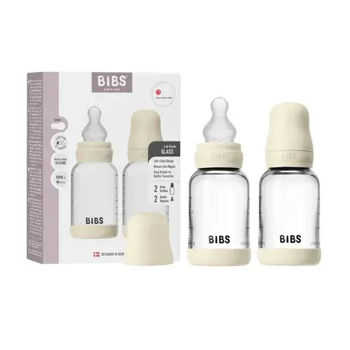 Bibs Glass Bottle Complete Set 120ml Silicone - Ivory, 2 pack | Baby Bunting AU