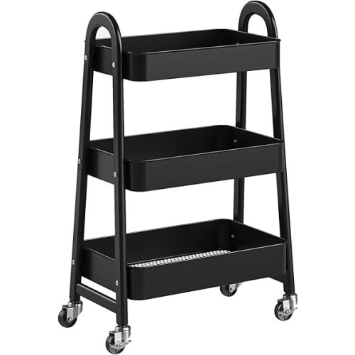 OLIXIS Metal 3 Tiers Utility Rolling Cart, Mobile Storage Shelf with Lockable Caster Wheels, Organization for Livingroom, Bathroom & Narrow Places, Black
