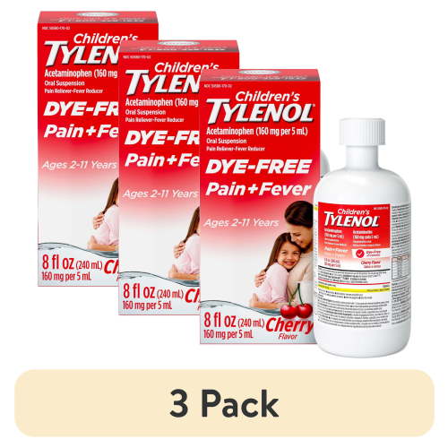 (3 pack) Children’s Tylenol Dye-Free, Oral Suspension, Pain Relief and Fever Reducer, Cherry Flavor 8 Fl oz