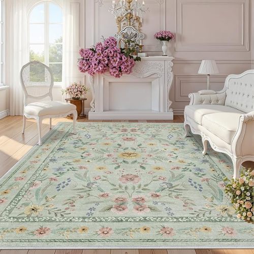 Green Floral Washable Area Rug 8x10 – Large Vintage Boho Non-Slip Carpet, Soft Low Pile Thin Floor Mat for Living Room, Bedroom, Dining Room, Nursery, Farmhouse Decor