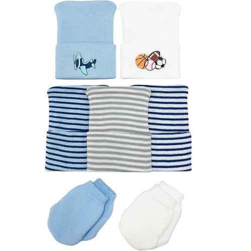 5 Piece Airplane Sports Hospital Hat and Mitten Set for Newborns (Airplane)