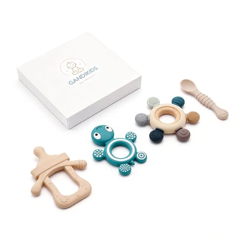 Baby Silicone Teething Ring Teether Gift Set for Boys and Girls Over 3 Months Soothes Gums Fits Small Hands Ergonomic Design Set of 4 Toys Ideal Gift Box BPA Free