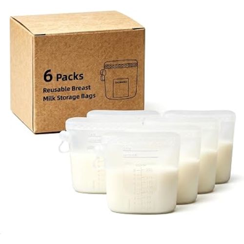 6 Pcs Reusable Silicone Breast Milk Storage Bags freezer with Double-Seal Design 9oz/260ml, BPA Free, One-Piece, Self-Standing Milk Bags for Breastfeeding, Baby Food Pouches