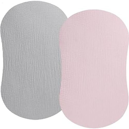 Muslin Bassinet Sheet Compatible with Halo Bassinest Swivel Flex Glide Premiere & Luxe Series Sleeper 2 Pack Cotton Stylish Boho Fitted Bassinet Sheets Super Soft for Baby Roman Grey & Pink