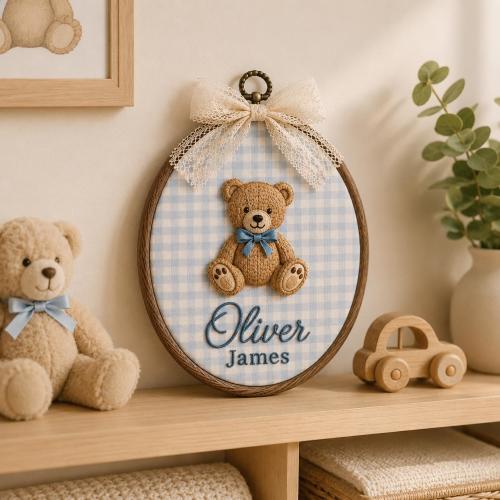 Personalized Teddy Bear Oval Baby Name Sign, Embroidered Teddy Name Hoop, Baby Announcement Ornament, Baby Shower Gift, Christmas Gift
