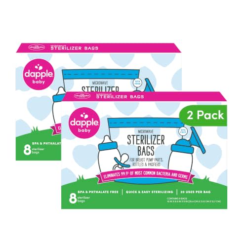 Dapple Baby Microwave Sterilizer Bags, Reusable, 20 Uses Per Bag, Great for Breast Pump Parts & Bottles, 8 Count (Pack of 2)