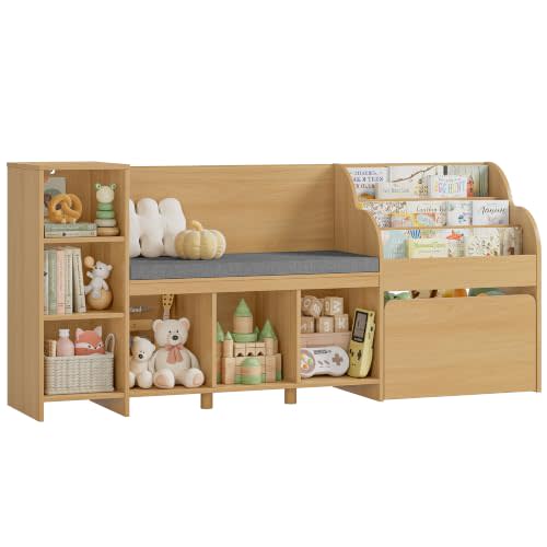 HOSTACK 67" W Kids Reading Nook with Bookshelf, Toy Storage Organizer, Oak | Cushioned Bench & Large Movable Toy Storage Box on Wheels, 6 Open Cubbies for Ease Fetch, Kid Bookcase for Playroom, Kid Room
