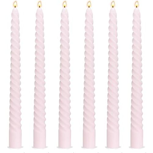 6 Pack 10 Inch Pale Pink Spiral Taper Candles for Holiday Home Decoration, Unscented Dripless Twisted Candlesticks for Dinner Party Wedding Baby Shower and Easter