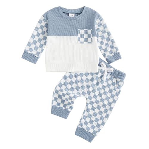 allshope Toddler Baby Boy Fall Outfit Checkerboard Patchwork Long Sleeve Sweatshirt Elastic Waist Pants Newborn Clothes Set