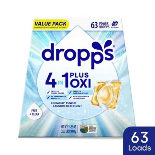 Dropps Unscented Free & Clear 4-in-1 Plus Oxi Power Biobased HE Deep Cleaning Concentrated Laundry Detergent Pods 63 Pacs - 35.55oz