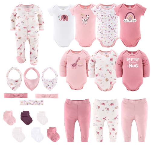 The Peanutshell Layette Gift Set for Baby Girls, 23 Essential Pieces, Pink Rainbow Safari Animals, 6-9 Months
