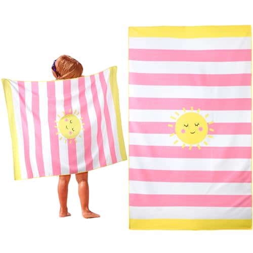 HunnmingRe Christmas Kids Beach Towels Girls Boys Cute Beach Towel 50 x 30 Inch Absorbent Quick Dry Microfiber Pool Bath Supplies for Kids Party Swimming Camping(Pink, Sun)