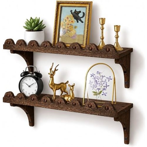 Scalloped Wood Wall Shelves, 17-Inch Wavy Rustic Floating Shelves, Set of 2