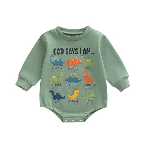 PUHHAPIEY God Says I Am Baby Boy Girl Romper Long Sleeve Crew Neck Letters Dinosaurs Graphic Sweatshirt Onesie