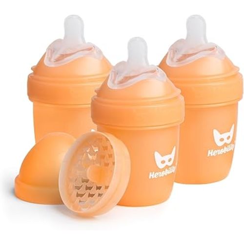 Herobility Anti-Colic Baby Bottles 5 fl oz/140 ml – Pack of 3 Newborn Baby Bottles, Slow Flow Plastic Bottles, Breast-Shaped Teat for Breastfed Babies, Small Baby Bottles, Swedish Design, Peach